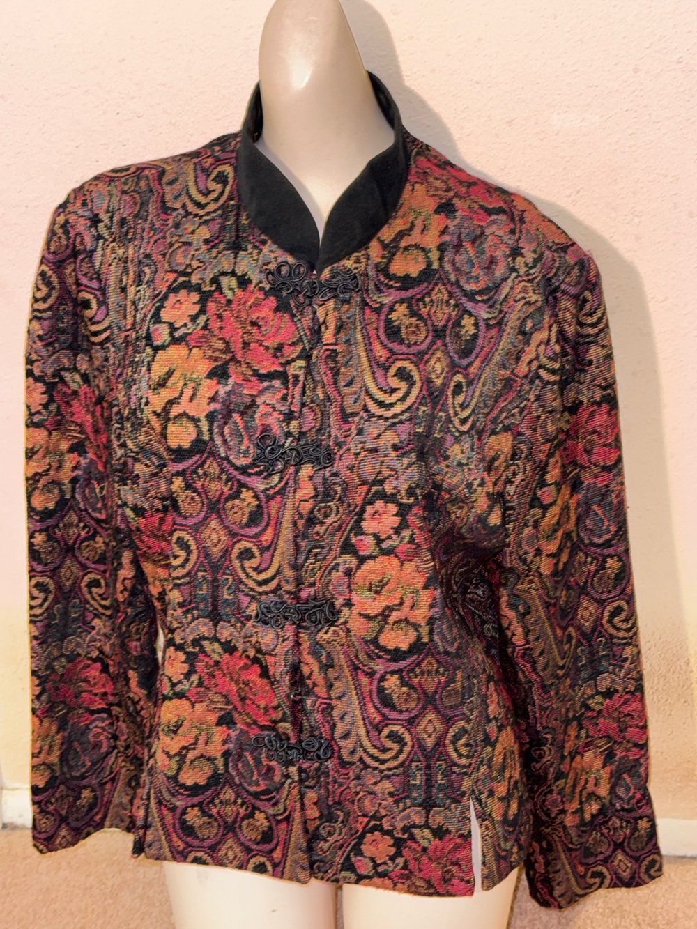 Vintage Jessica Howard Tapestry Look Frog Closure Velvet Trim Jacket Blazer 14